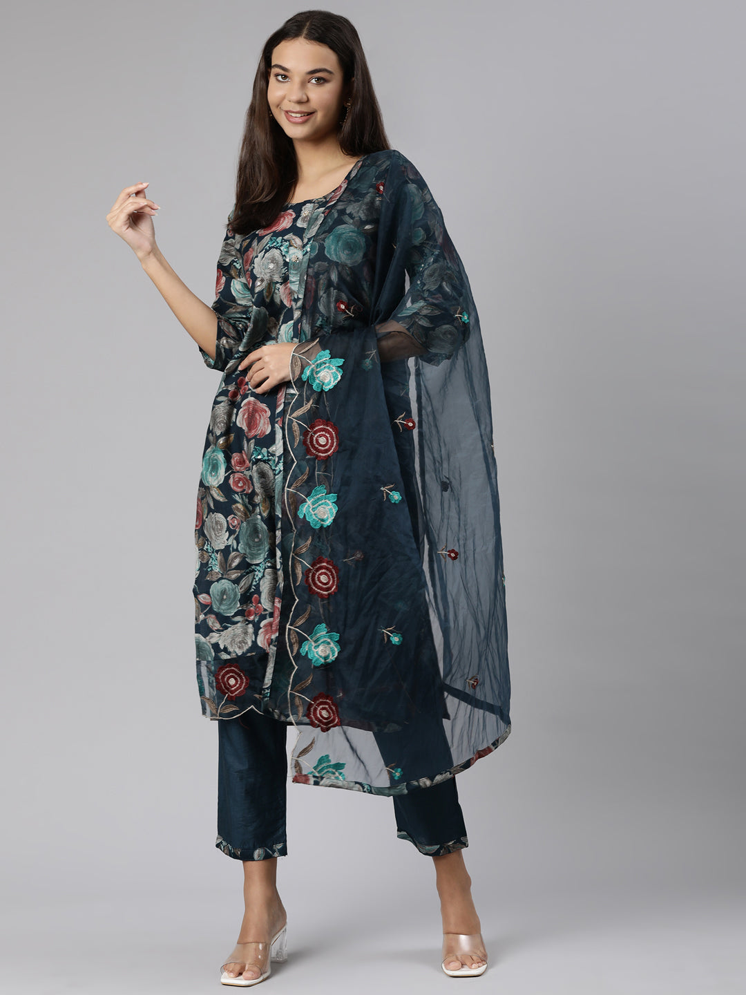 Neerus Green printed floral suit set straight kurta with trouser and dupatta - detail view 1
