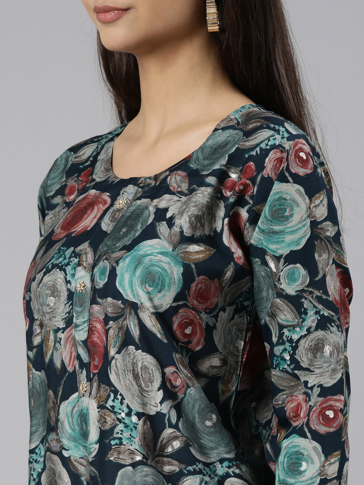 Neerus Green printed floral suit set straight kurta with trouser and dupatta - detail view 2