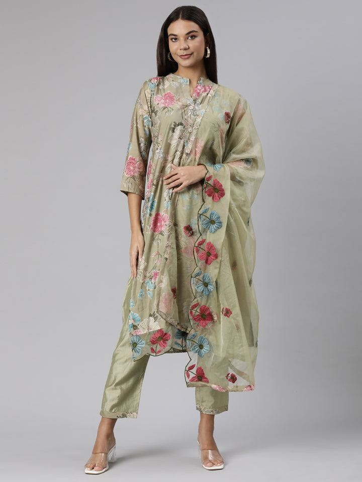 Neerus Green printed floral straight suit set - front view