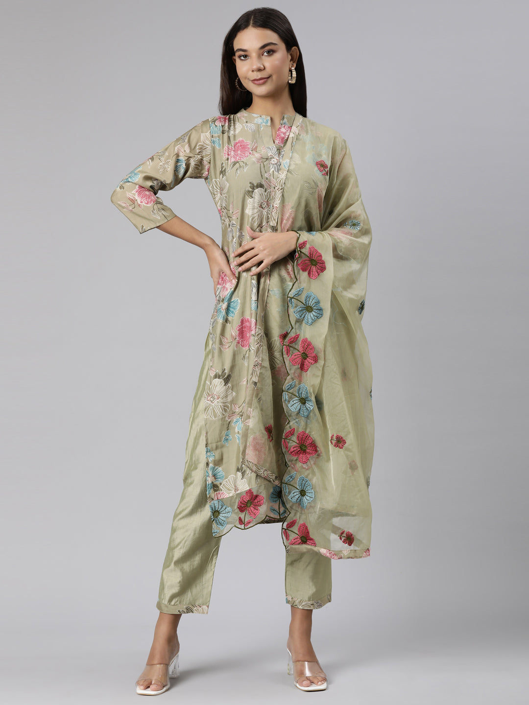 Neeru's Green Regular Straight Floral Kurta And Trousers With Dupatta