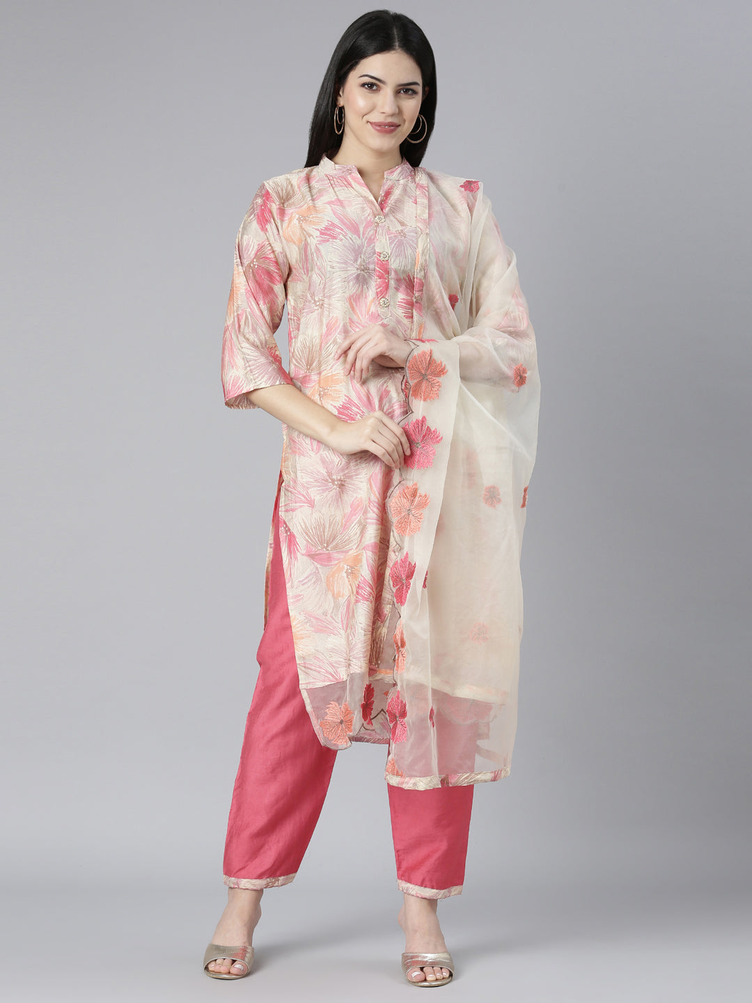 Neerus Orange printed floral kurta set with dupatta - front view