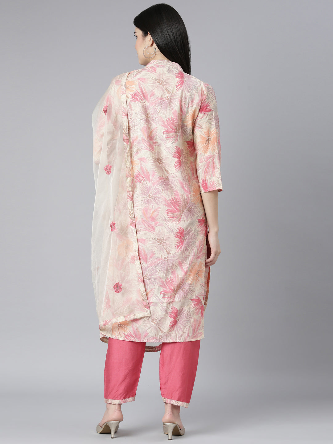 Neerus Orange printed floral kurta set with dupatta - side view