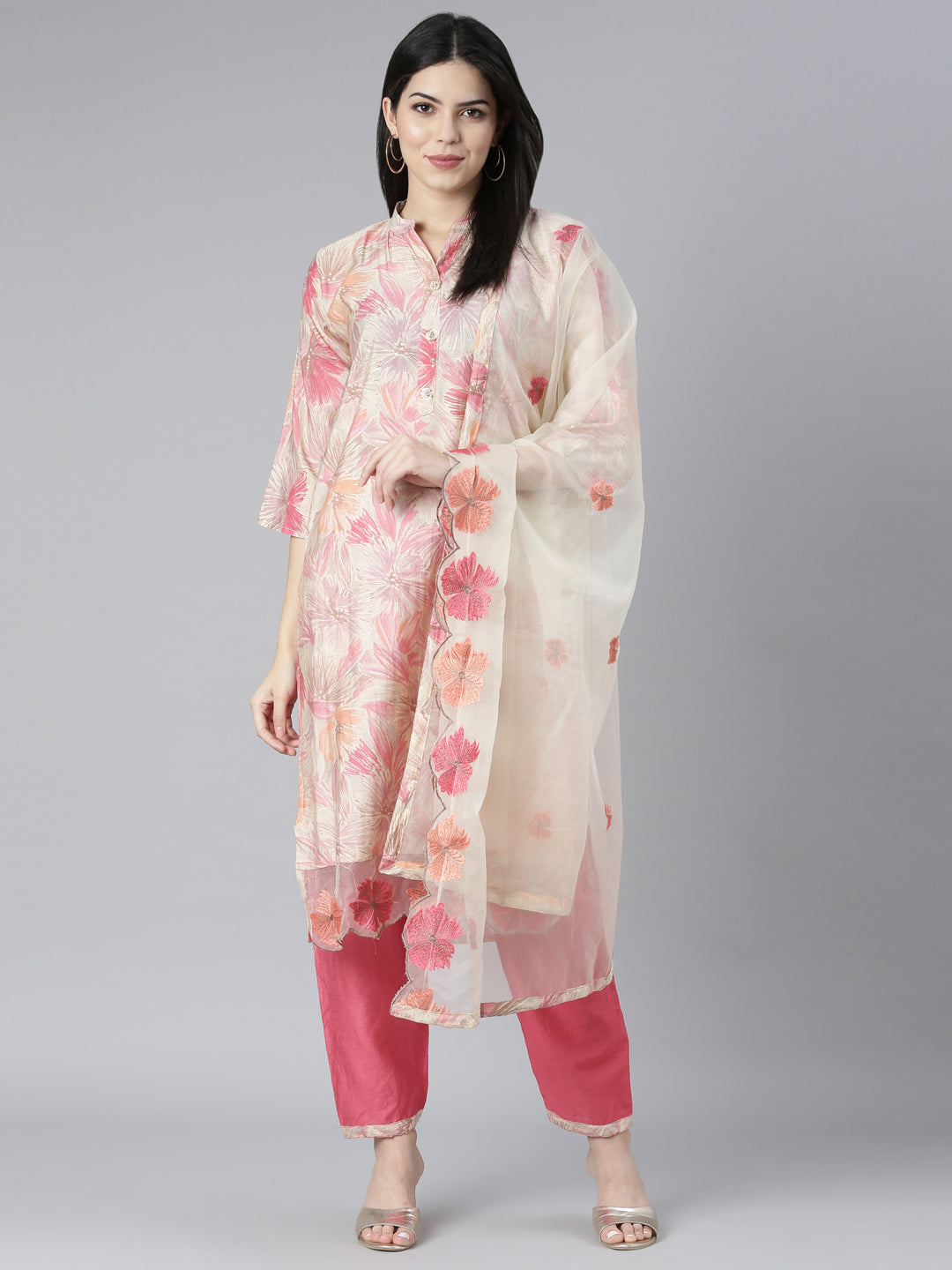 Neerus Orange printed floral kurta set with dupatta - detail view 2