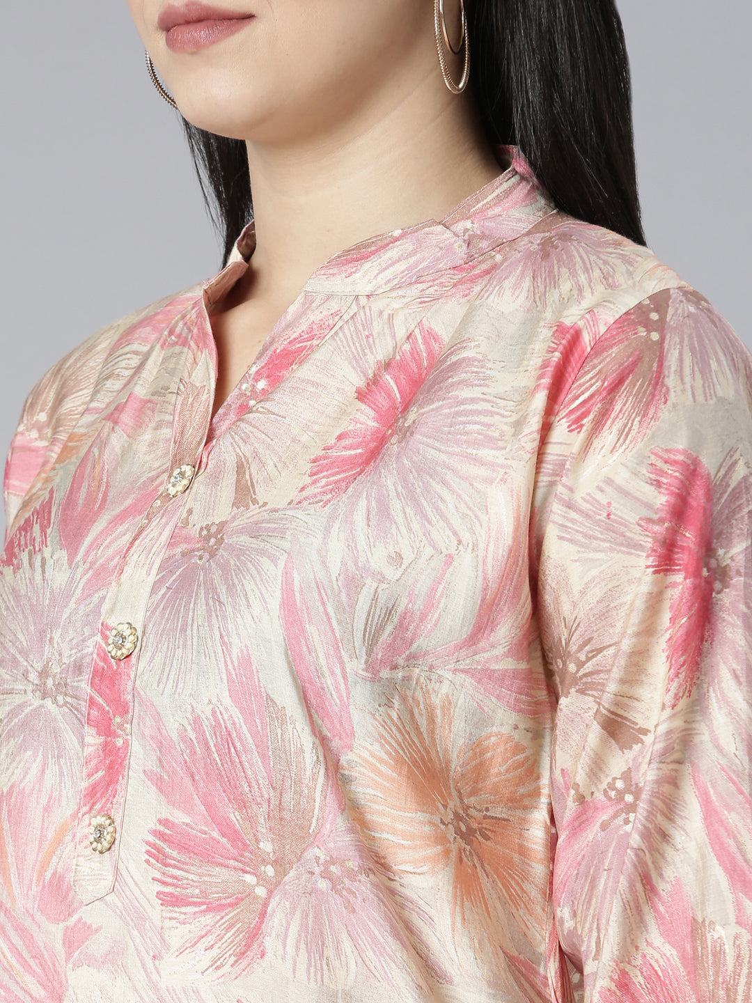 Neerus Orange printed floral kurta set with dupatta - detail view 1
