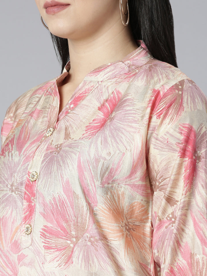 Neerus Orange printed floral kurta set with dupatta - detail view 1