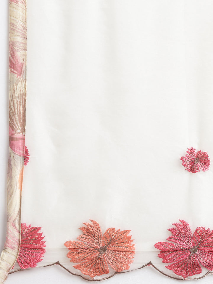 Neerus Orange printed floral kurta set with dupatta - detail view 4