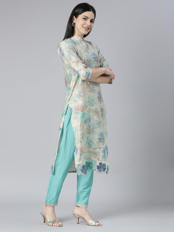 Neerus Green printed floral kurta set with trouser and dupatta - back view