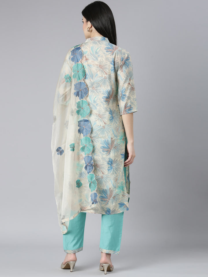 Neerus Green printed floral kurta set with trouser and dupatta - side view