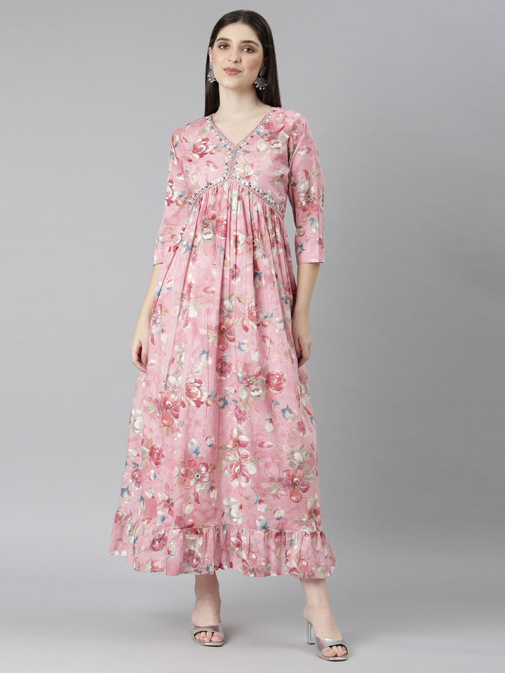 Neerus Pink Straight Casual Floral Dresses