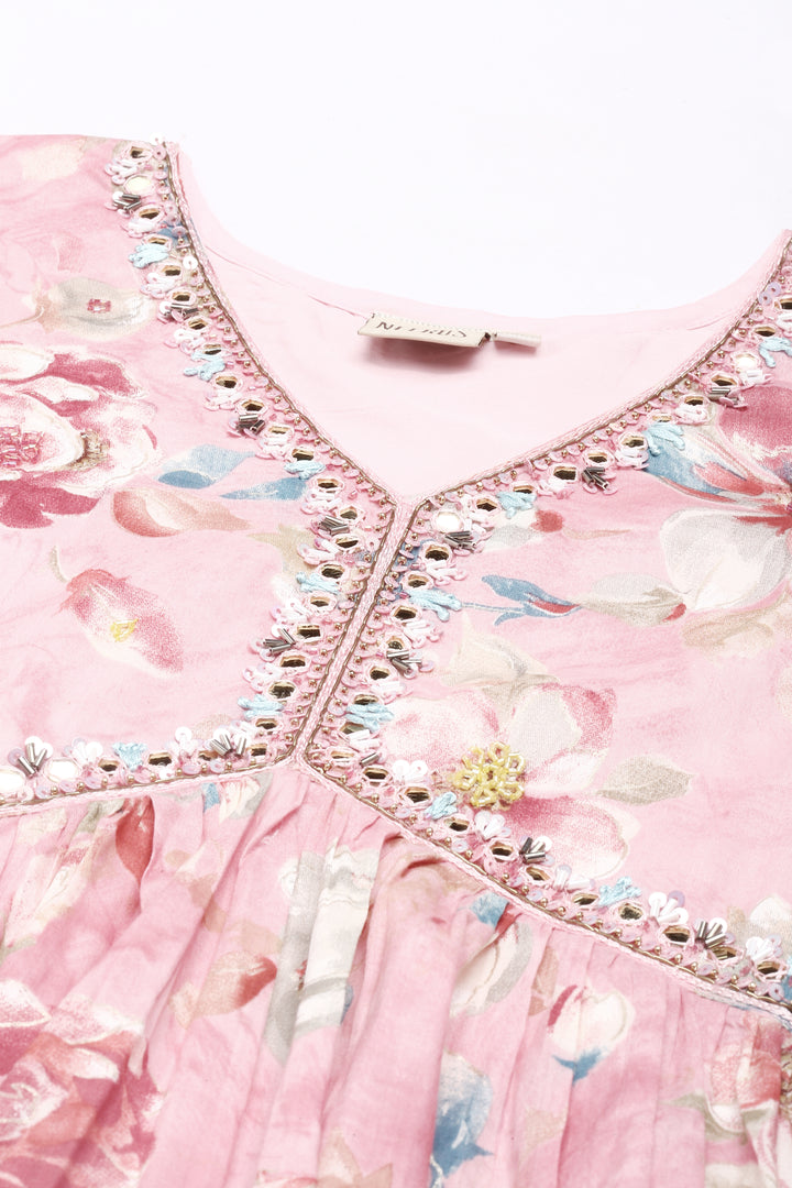 Neerus Pink Straight Casual Floral Dresses