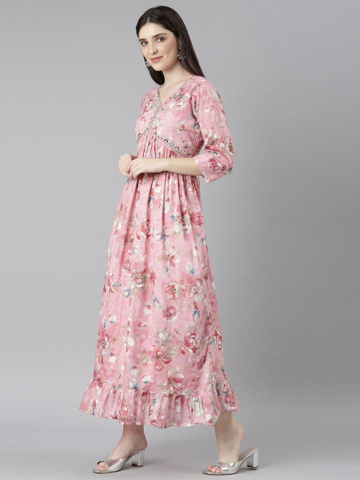 Neerus Pink Straight Casual Floral Dresses