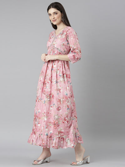 Neeru's Pink Straight Casual Floral Dresses