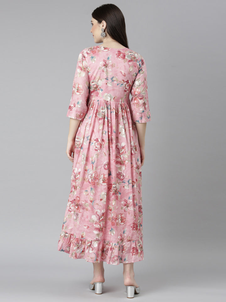 Neerus Pink Straight Casual Floral Dresses