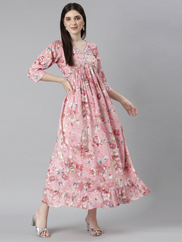 Neerus Pink Straight Casual Floral Dresses