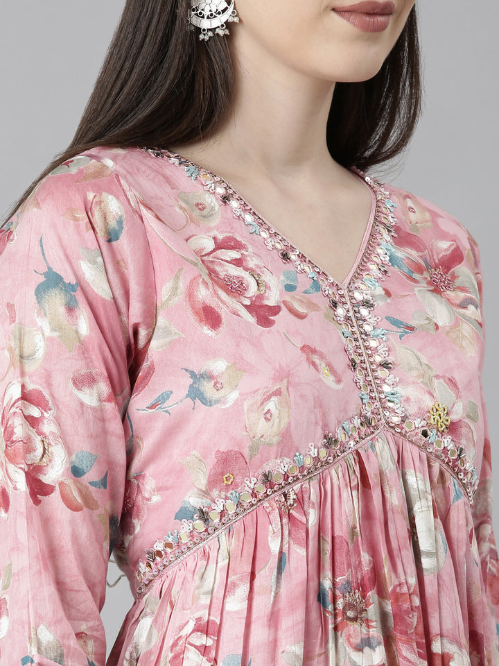 Neerus Pink Straight Casual Floral Dresses