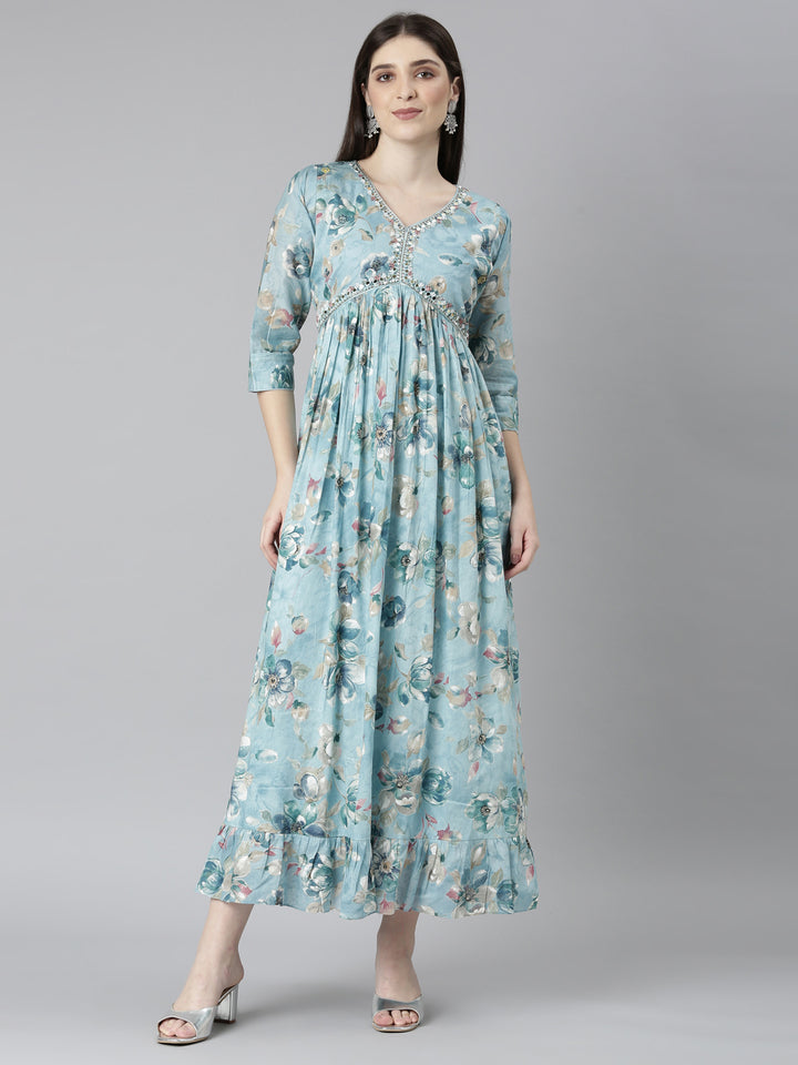 Neerus Blue Straight Casual Floral Dresses