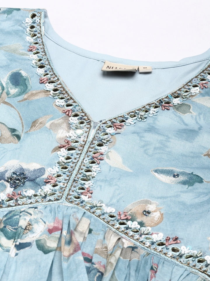 Neerus Blue Straight Casual Floral Dresses