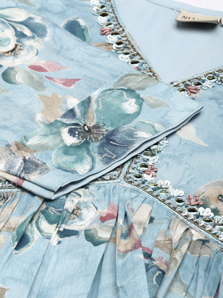 Neerus Blue Straight Casual Floral Dresses