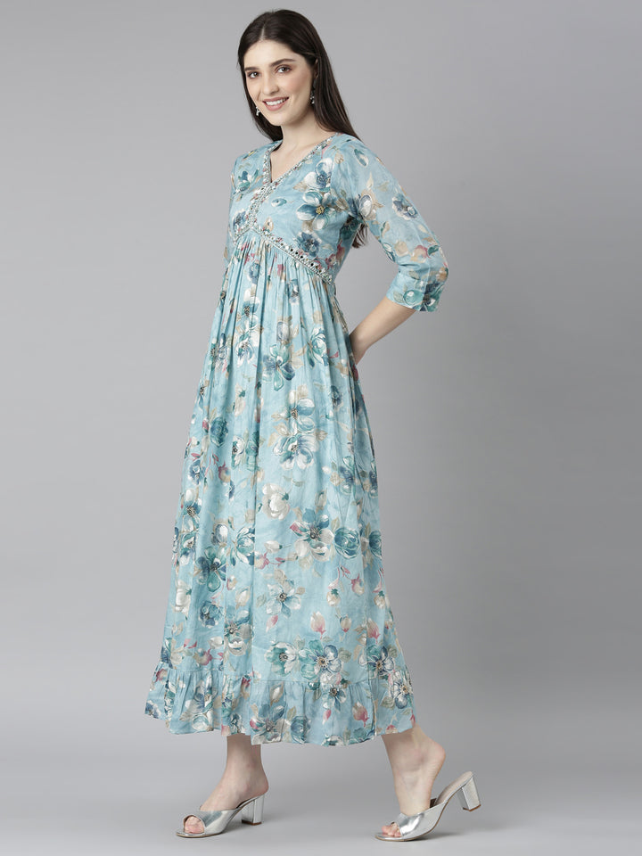 Neerus Blue Straight Casual Floral Dresses