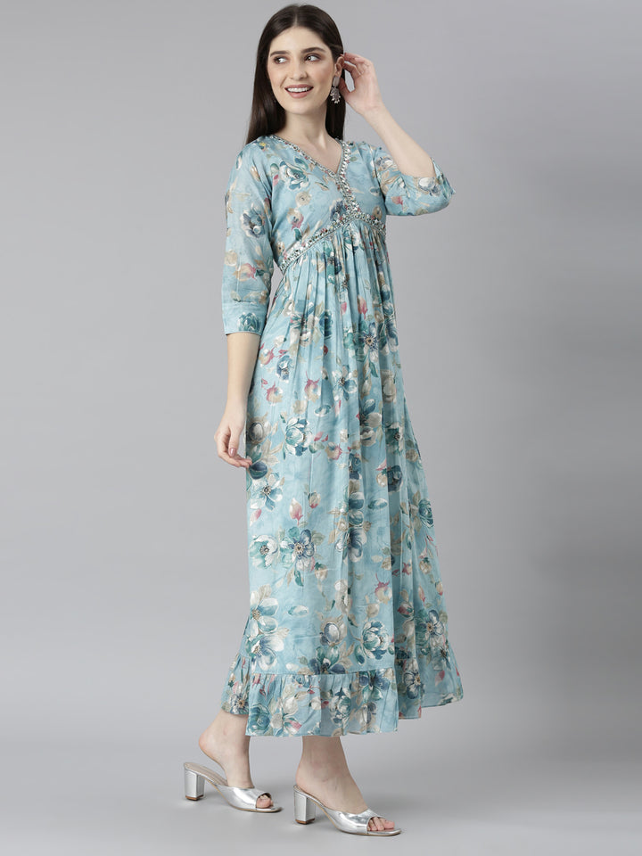 Neerus Blue Straight Casual Floral Dresses