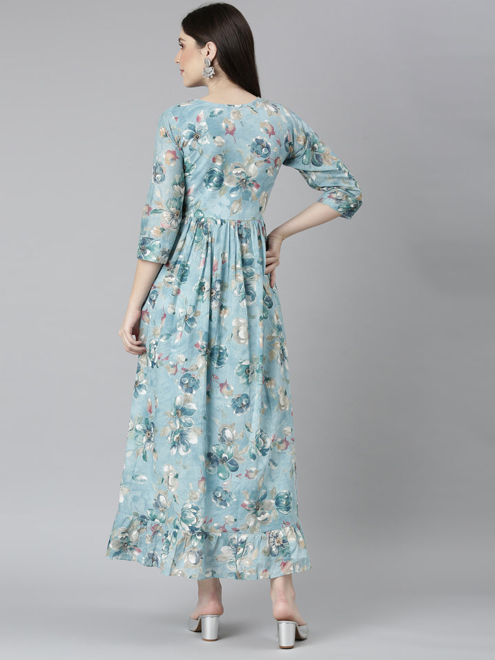 Neerus Blue Straight Casual Floral Dresses