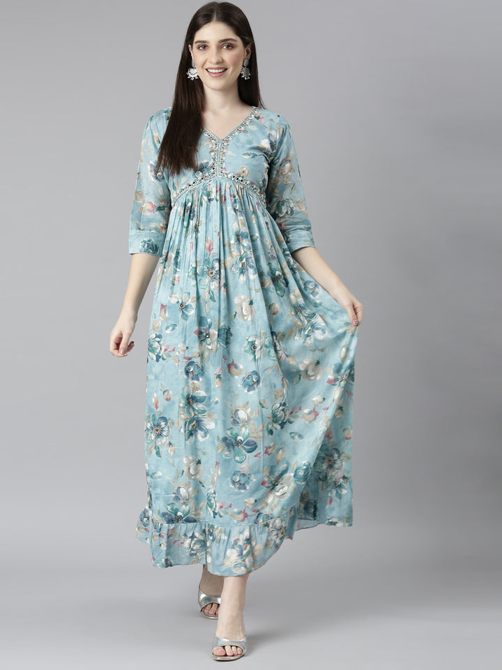 Neerus Blue Straight Casual Floral Dresses