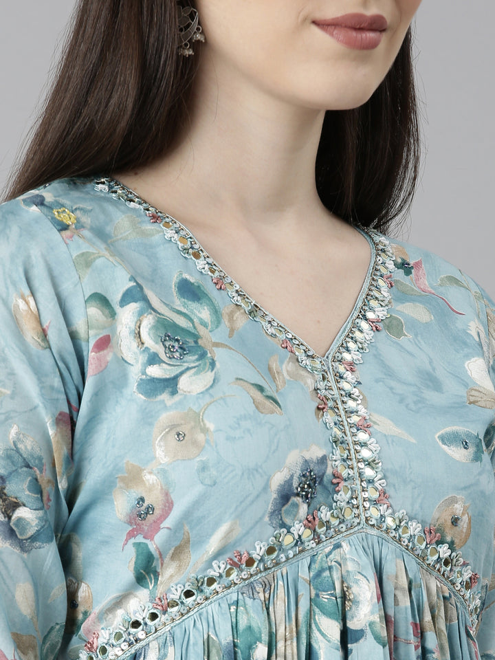 Neerus Blue Straight Casual Floral Dresses