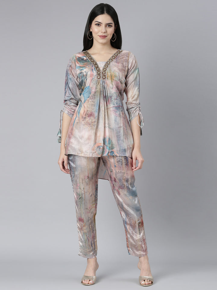 Neerus Multi floral printed high-low kurta set - front view
