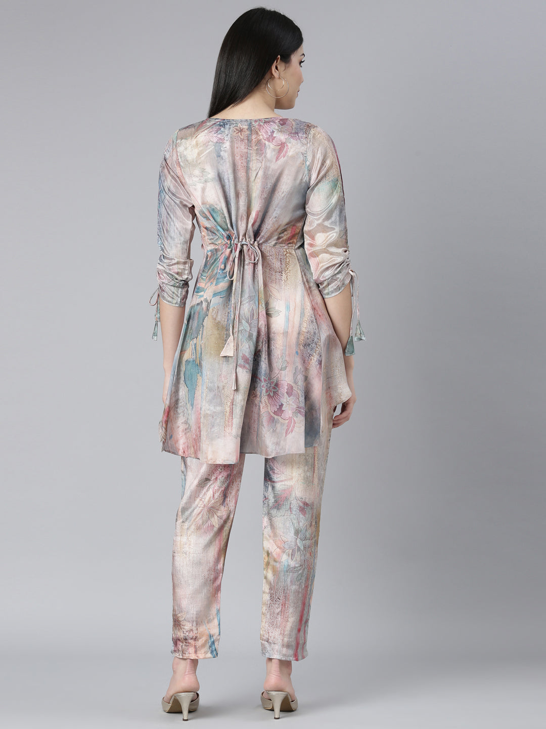 Neerus Multi floral printed high-low kurta set - side view