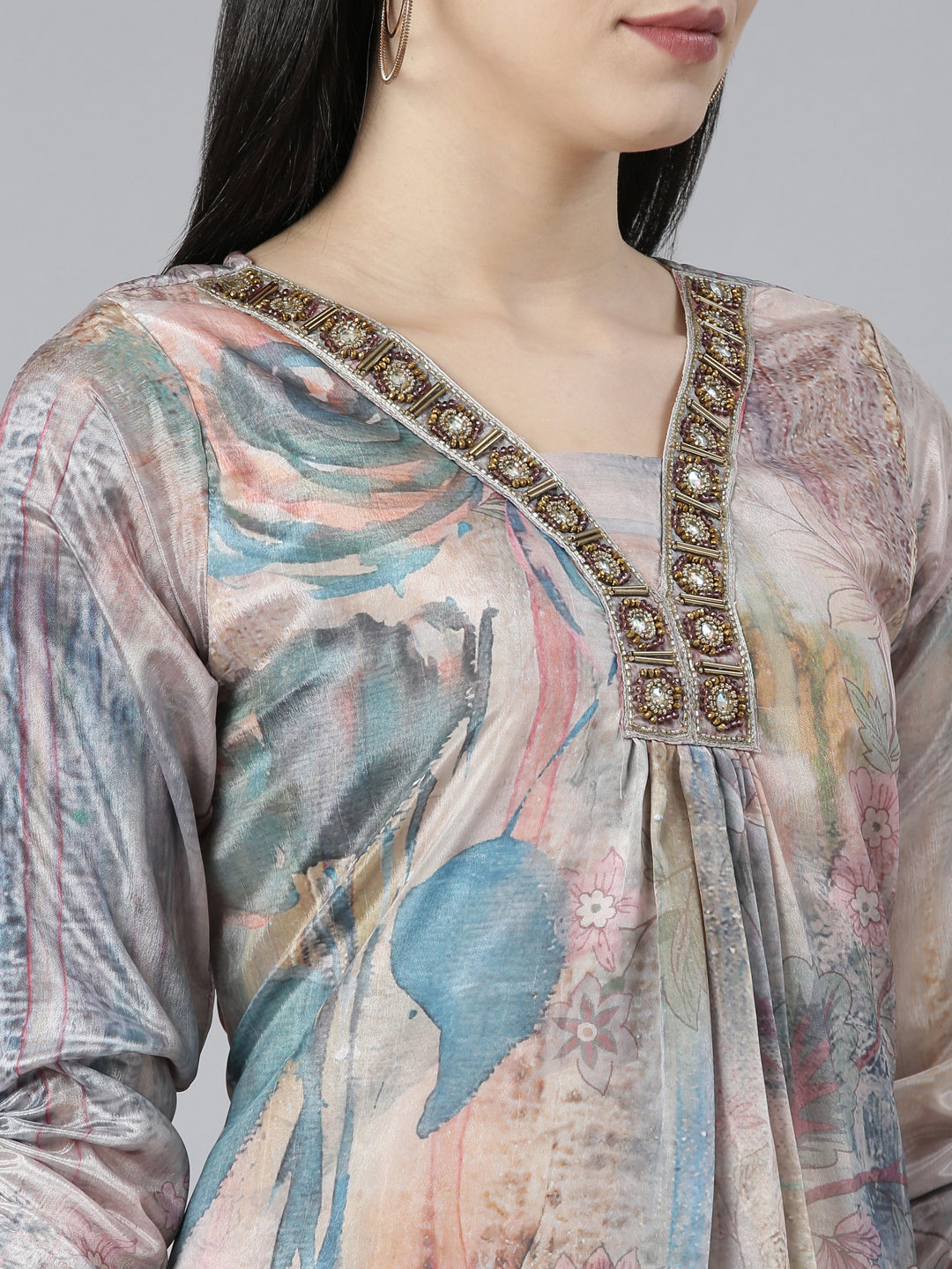 Neerus Multi floral printed high-low kurta set - detail view 1