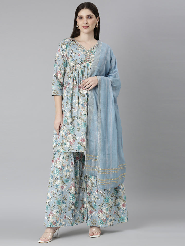 Neerus Blue printed floral kurta set with palazzo and dupatta - front view
