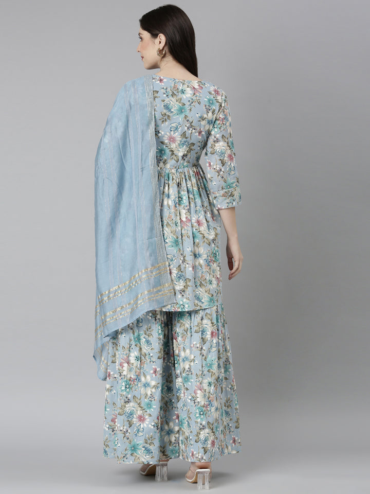 Neerus Blue printed floral kurta set with palazzo and dupatta - side view