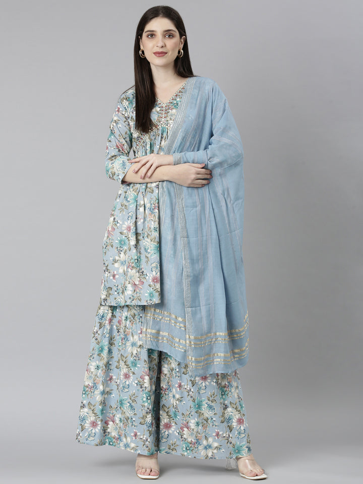 Neerus Blue printed floral kurta set with palazzo and dupatta - detail view 2