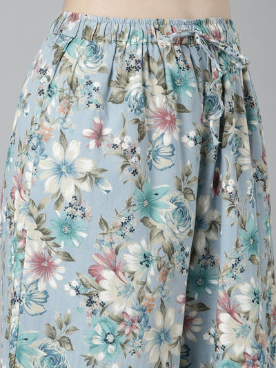 Neeru's Blue Regular Straight Floral Kurta And Palazzos With Dupatta