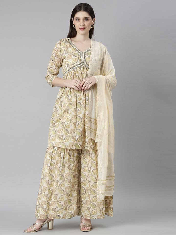 Neerus Green Regular Straight Tribal Kurta And Palazzos With Dupatta