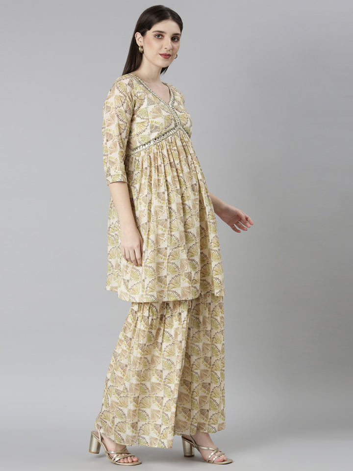 Neerus Green Regular Straight Tribal Kurta And Palazzos With Dupatta