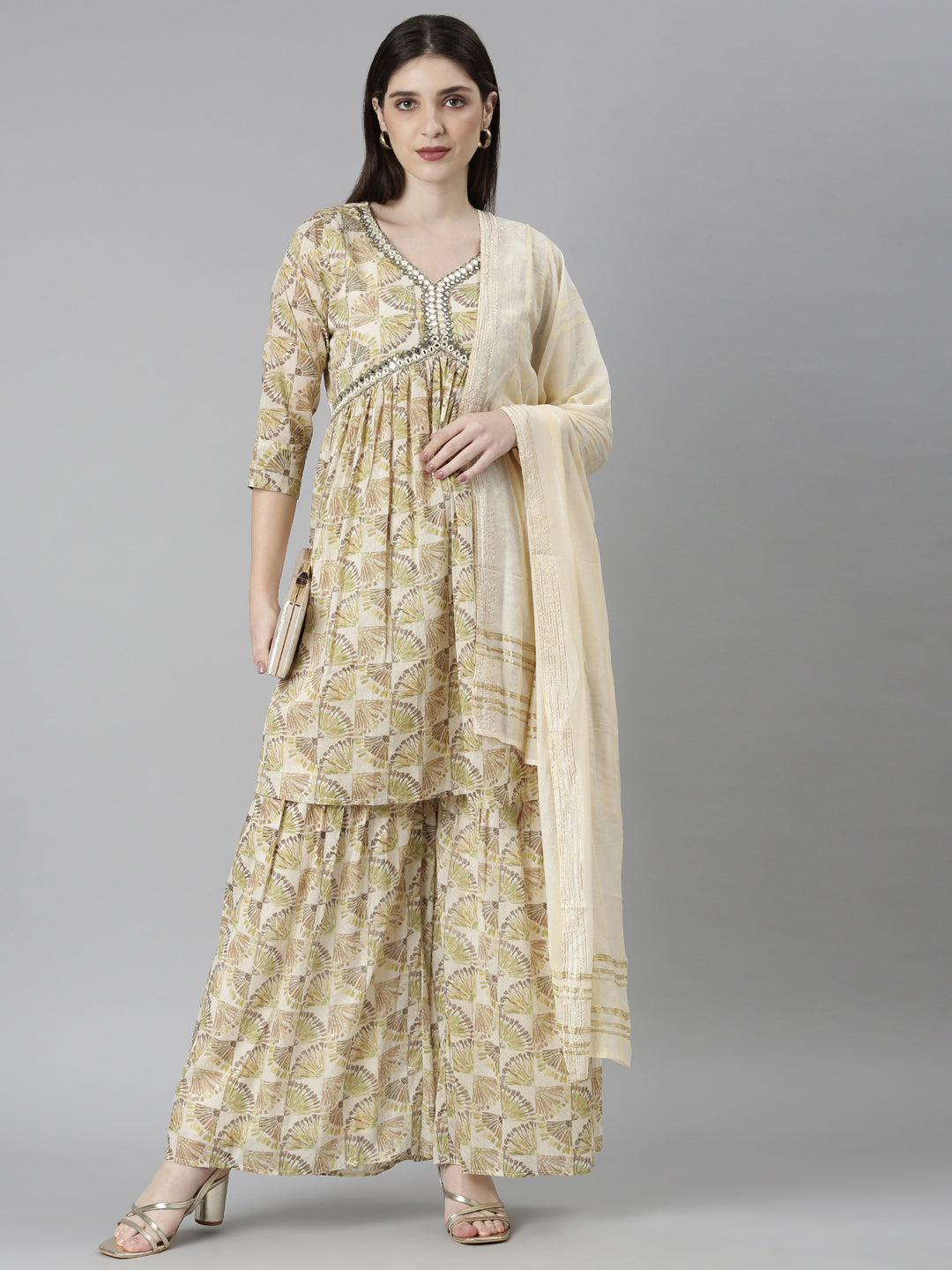 Neerus Green Regular Straight Tribal Kurta And Palazzos With Dupatta