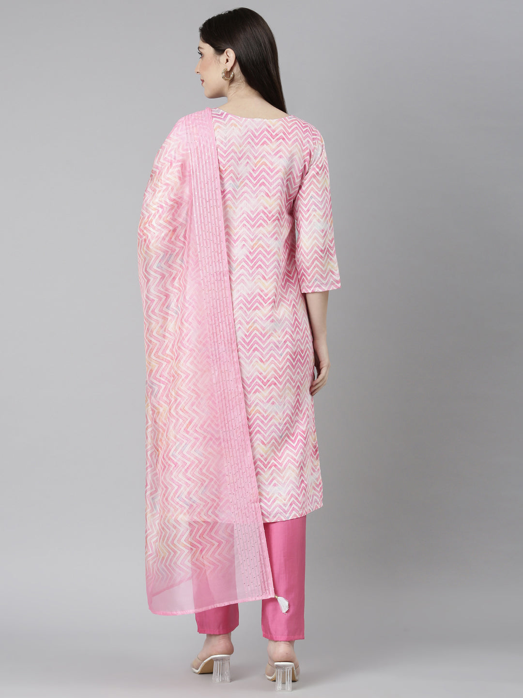 Neeru's Pink Regular Straight Chevron Kurta And Trousers With Dupatta