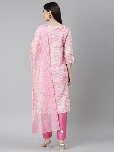 Neeru's Pink Regular Straight Chevron Kurta And Trousers With Dupatta