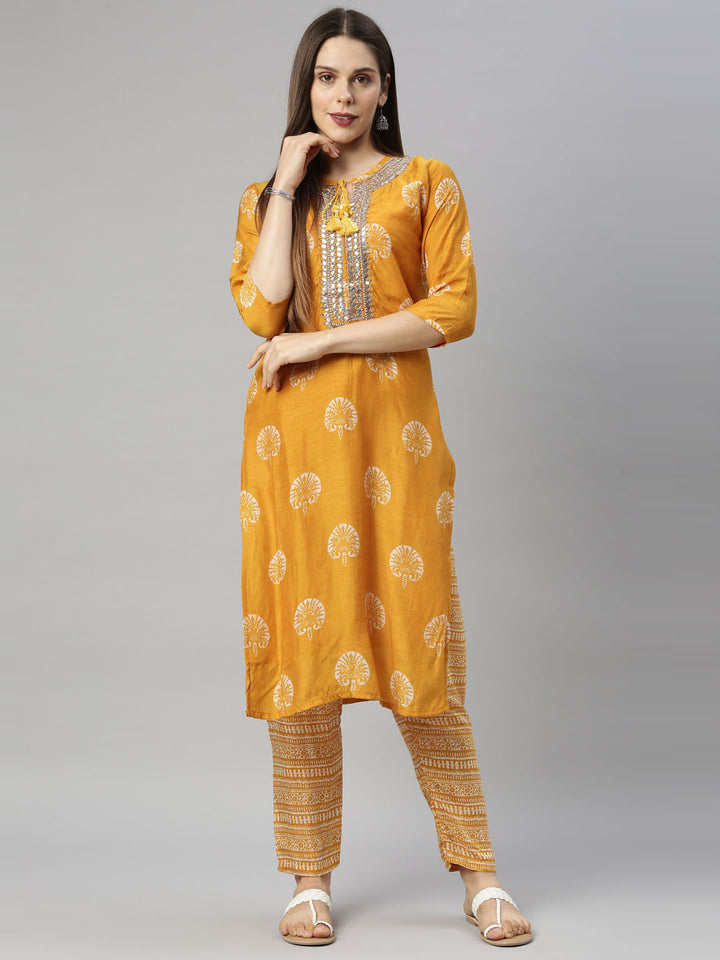 Neerus Yellow ethnic mirror work suit set - front view