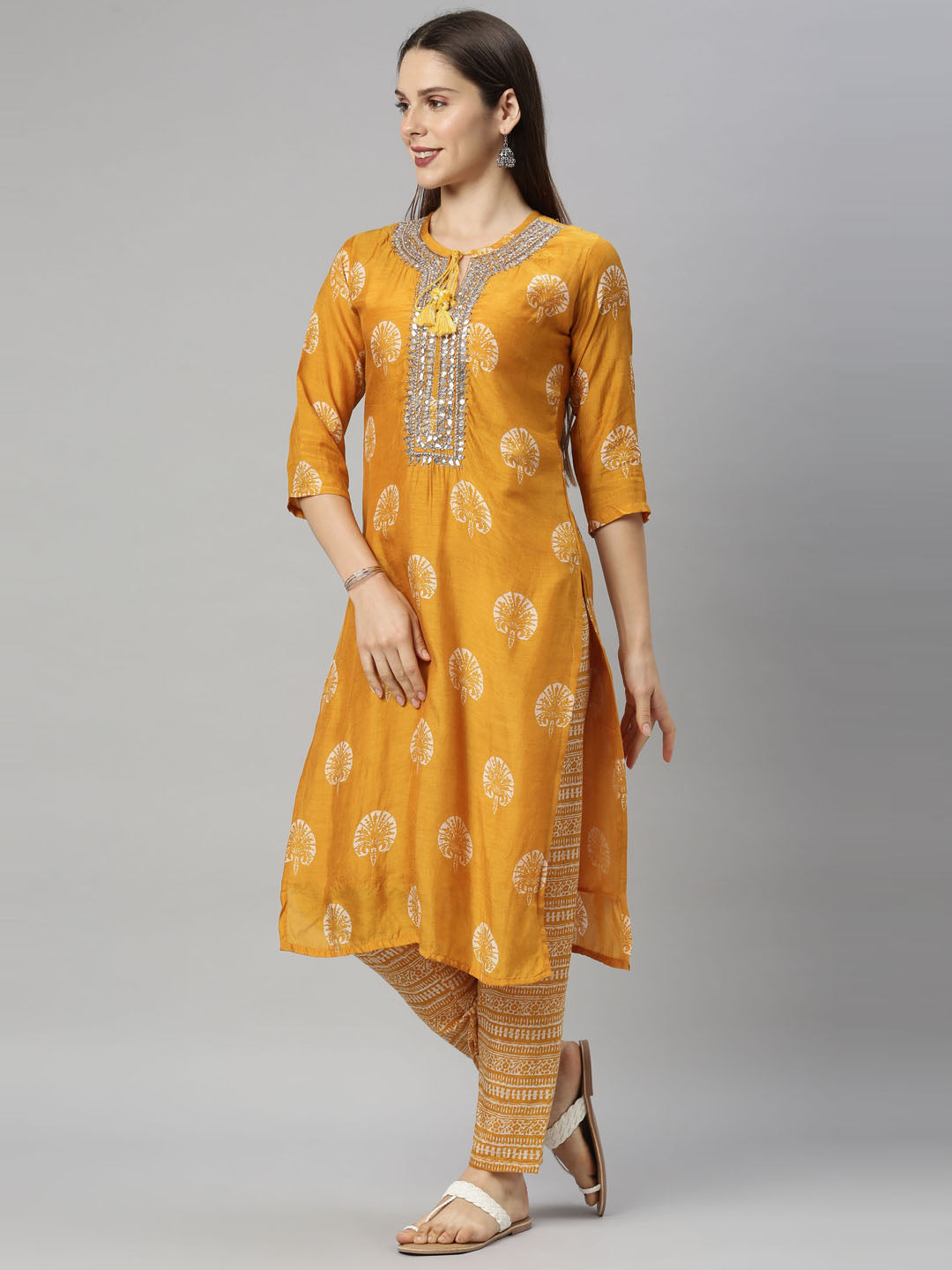 Neerus Yellow ethnic mirror work suit set - back view