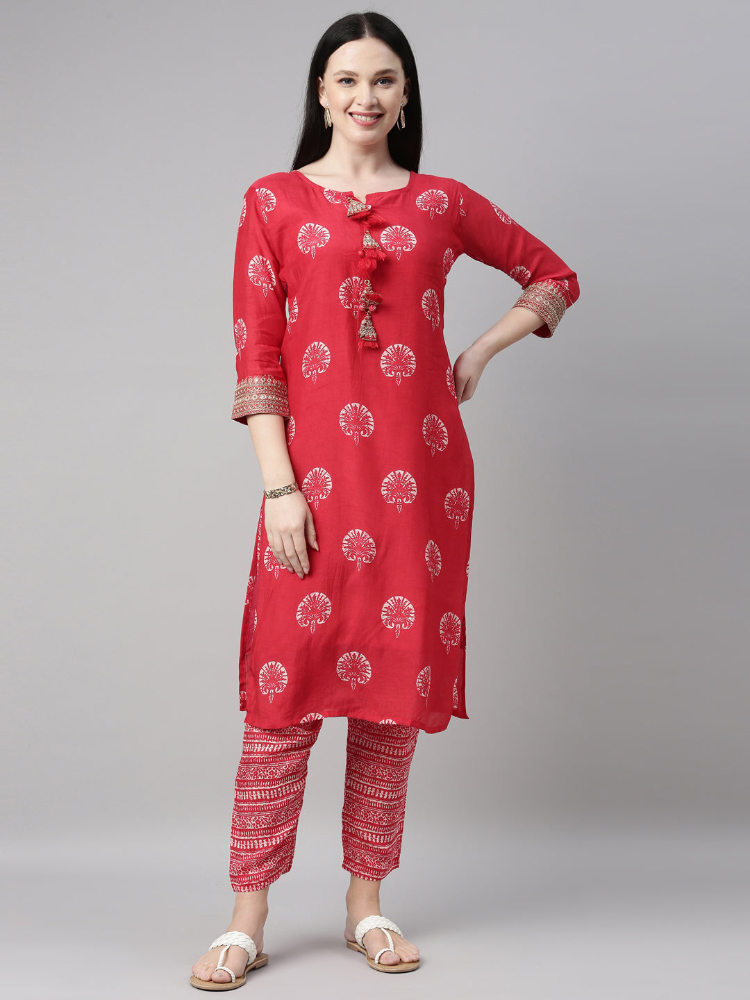 Neerus Red printed embellished kurta set with trousers - front view