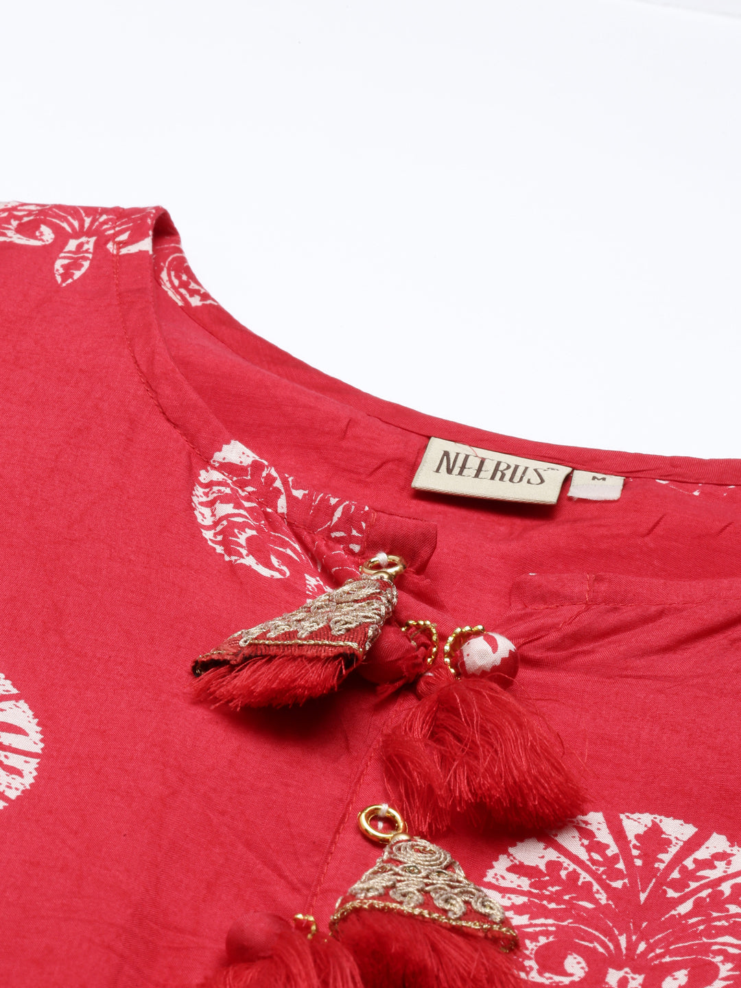 Neerus Red printed embellished kurta set with trousers - detail view 1