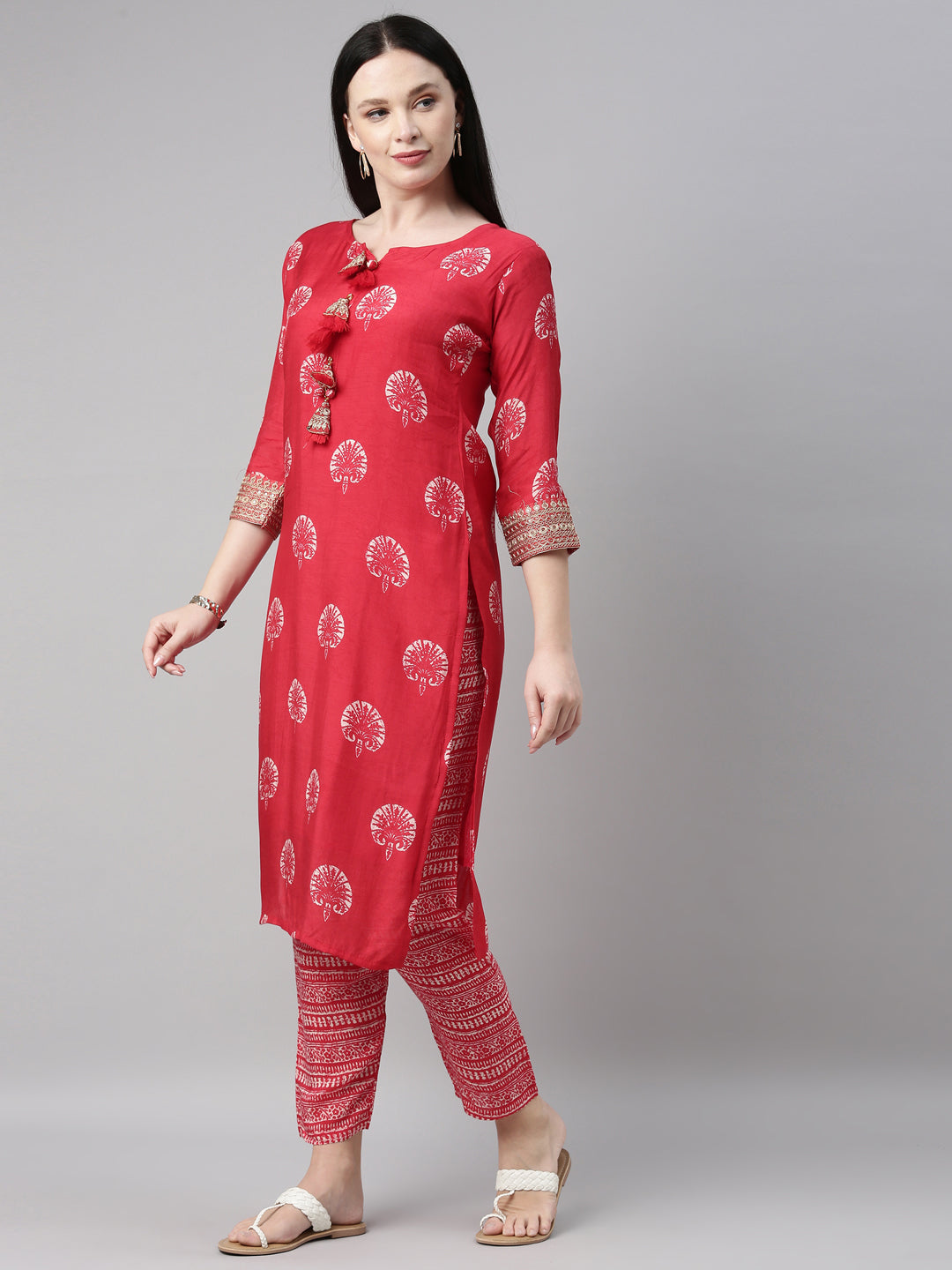 Neerus Red printed embellished kurta set with trousers - back view