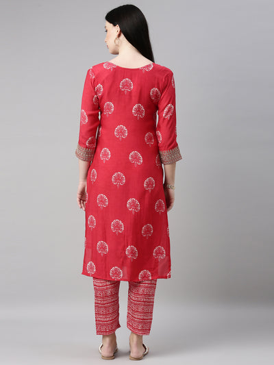 Neerus Women Red Ethnic Motifs Printed Regular Zardozi Kurta with Trousers