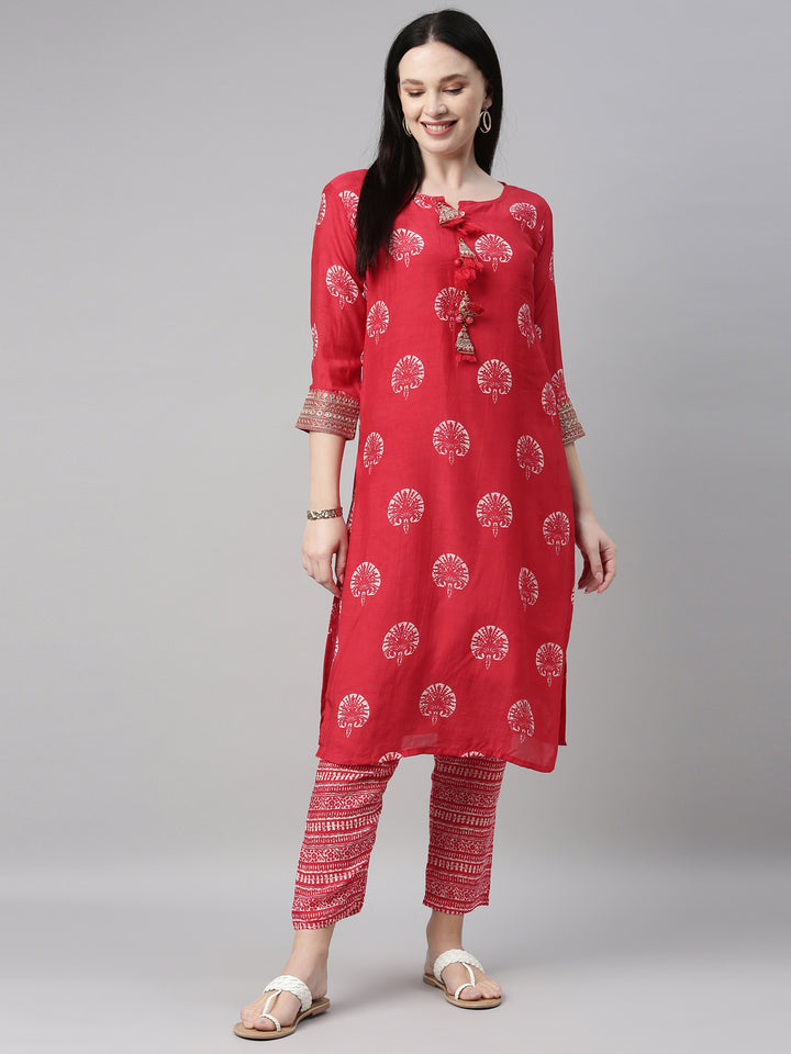 Neerus Red printed embellished kurta set with trousers - detail view 2