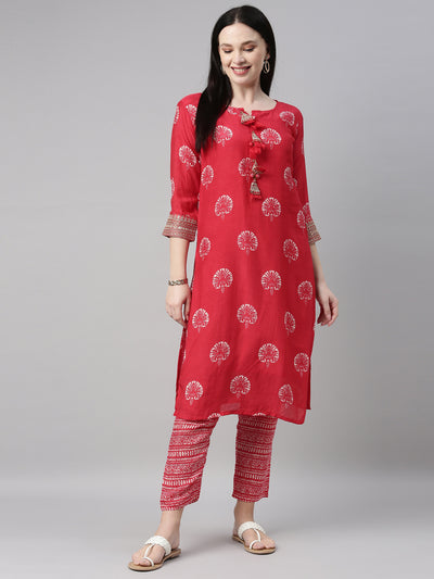 Neerus Women Red Ethnic Motifs Printed Regular Zardozi Kurta with Trousers