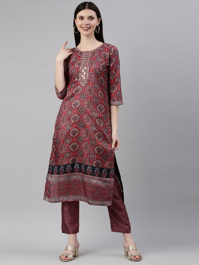 Neerus Women Maroon Floral Printed Mirror Work Dupion Silk Kurta with Trousers