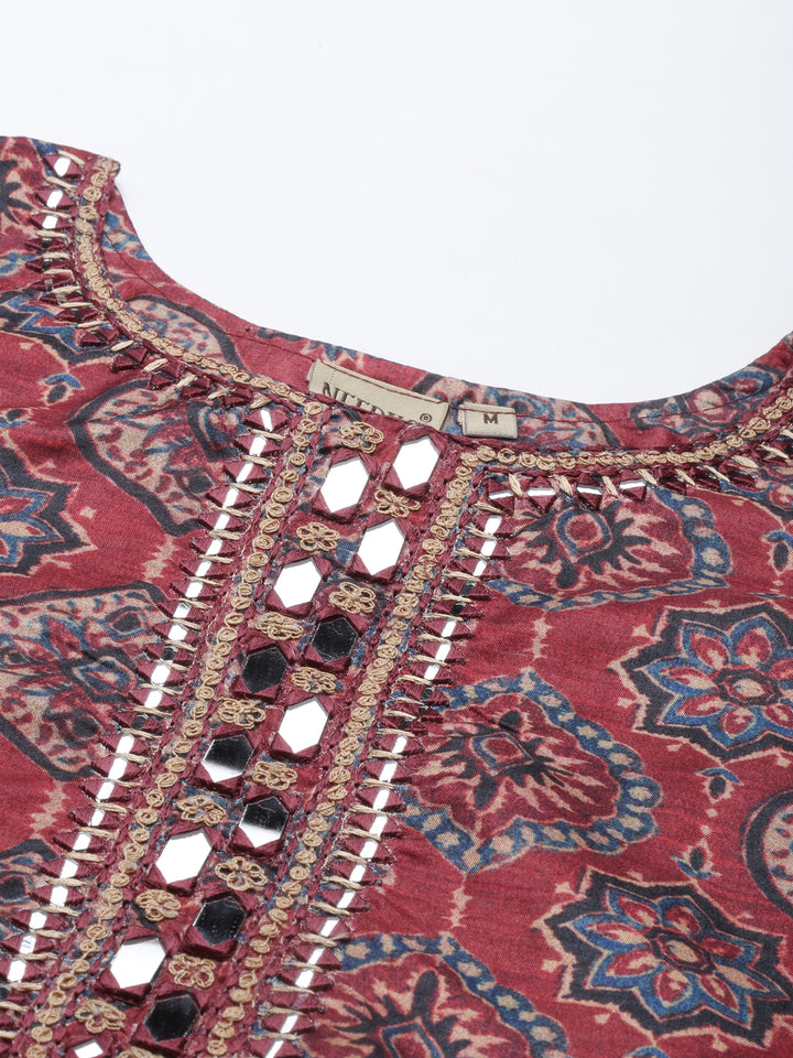 Neerus Maroon silk mirror work kurta set - detail view 2