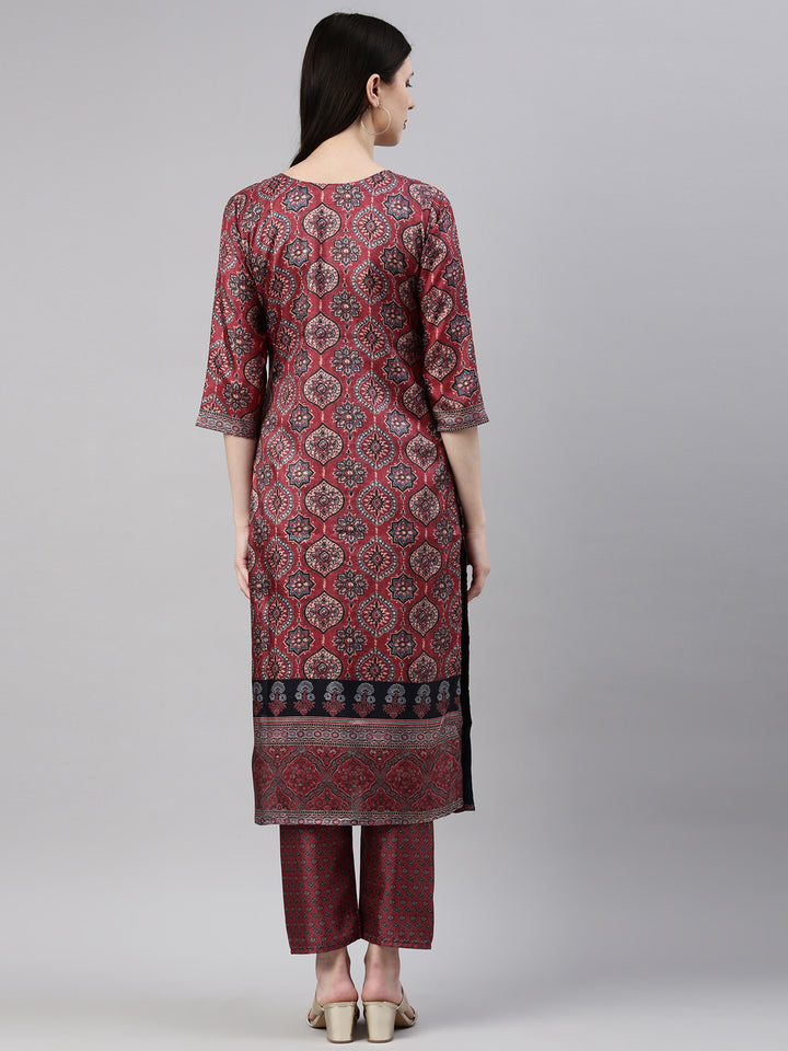 Neerus Maroon silk mirror work kurta set - detail view 1
